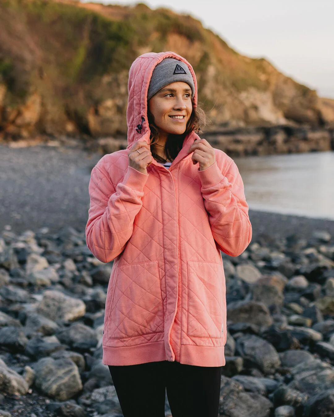 Clementine Quilted Popper Up Hoodie - Shell Pink - Image 2