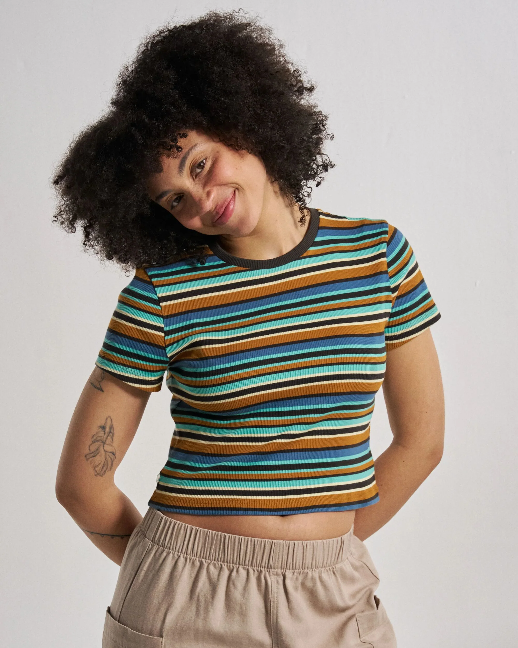 Out There Ribbed Cropped T-Shirt - Espresso Multi Stripe - Image 6