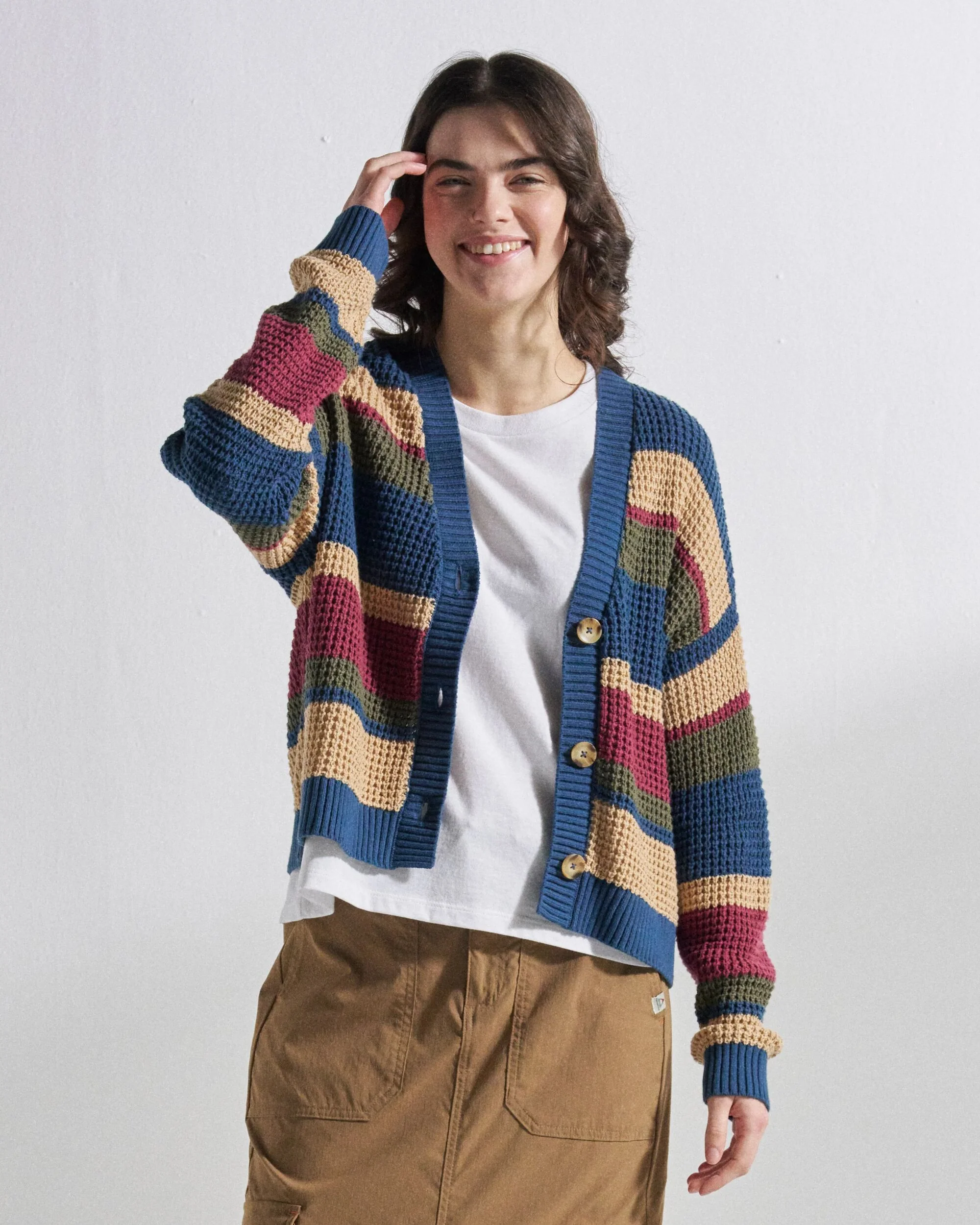 Reflection Open Knit Stripey Cardigan - Dusty Olive Multi Stripe - Image 4