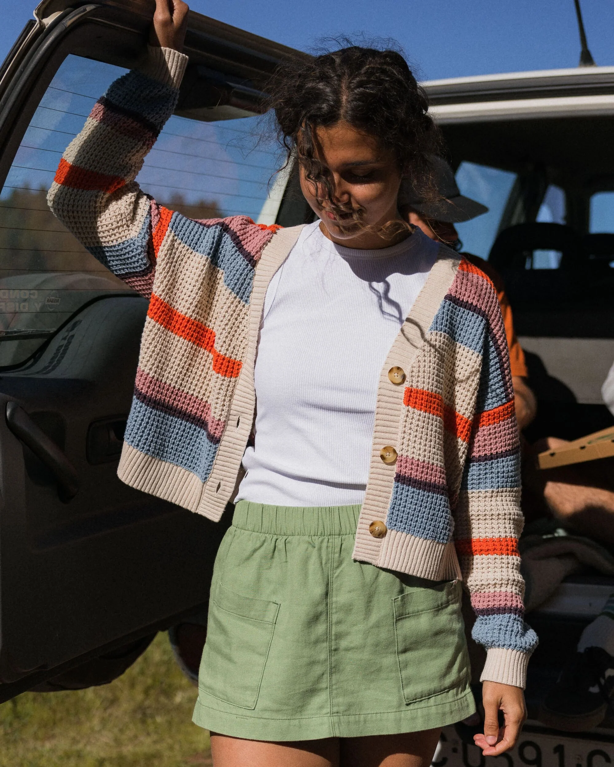Reflection Open Knit Stripey Cardigan - Multi Vintage White Stripe - Image 3