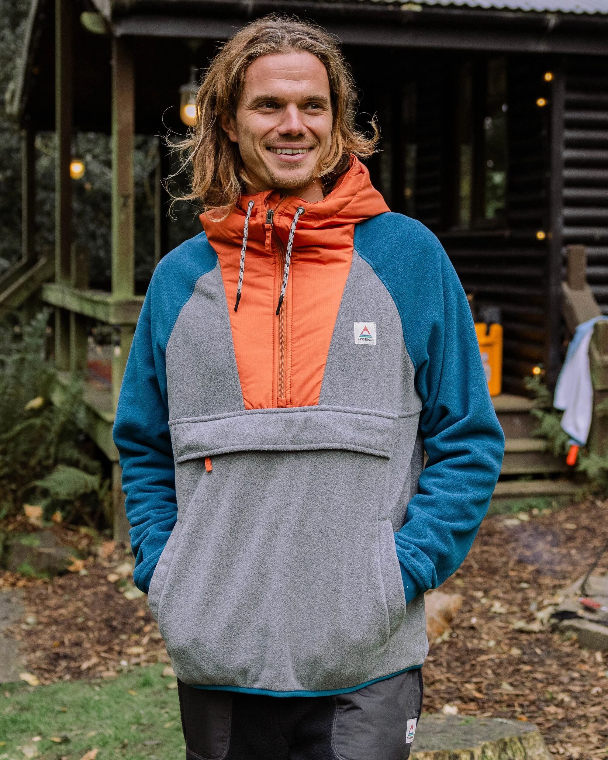 Woodland Hooded 1/2 Zip Polar Fleece - Grey Marl/ Tidal Blue - Image 5